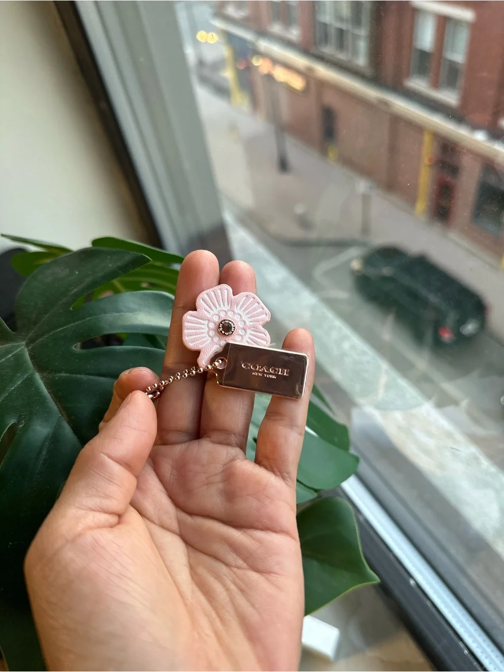 Coach Pink Leather Flower Charm with Rose Gold Tag